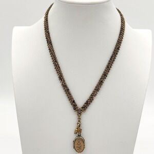 Victorian Double Photo Locket Necklace Antique Brass‎ Multi Strand Chain Estate